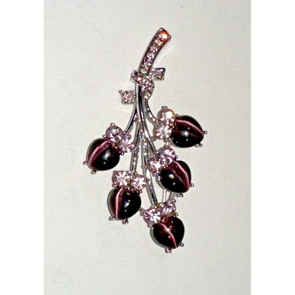 Vintage Cats Eye Brooch Lavender Rhinestones Floral Flower Buds February‎ EUC